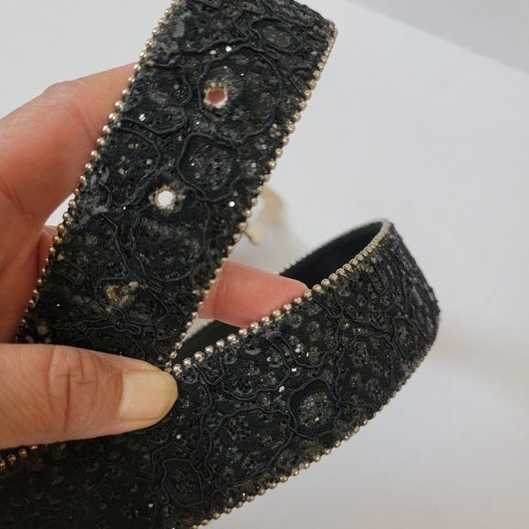 VTG Leather Belt Black Sparkly Sz S/M Buckle Y2K Whimsigoth Grunge Witch USA main image 7